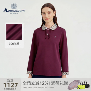 Aquascutum/雅格狮丹秋冬新品女士经典格纹翻领九分袖POLO衫气质
