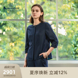 Aquascutum/雅格狮丹2026春夏新品女士格纹蕾丝领修身七分袖衬衫