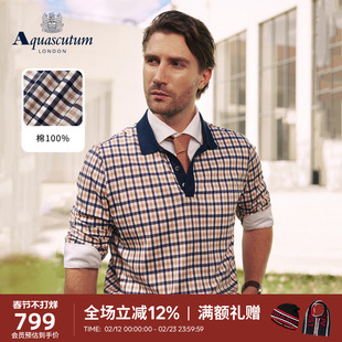 Aquascutum/雅格狮丹秋冬新品男商务休闲纯棉经典格纹POLO衫通勤