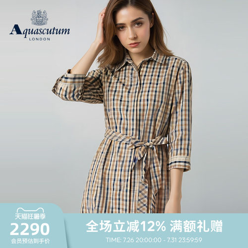 【雅格狮丹】女格纹七分袖连衣裙