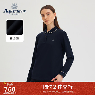 Aquascutum/雅格狮丹秋冬新品女简约纯棉格纹领商务长袖POLO气质