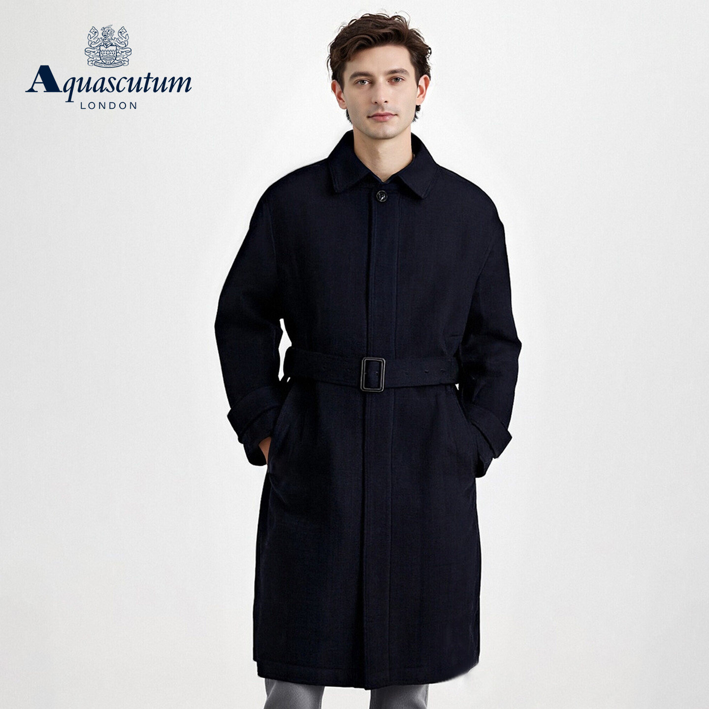 Aquascutum/雅格狮丹加厚保暖男式深蓝羊毛大衣外套Q46I6EM011