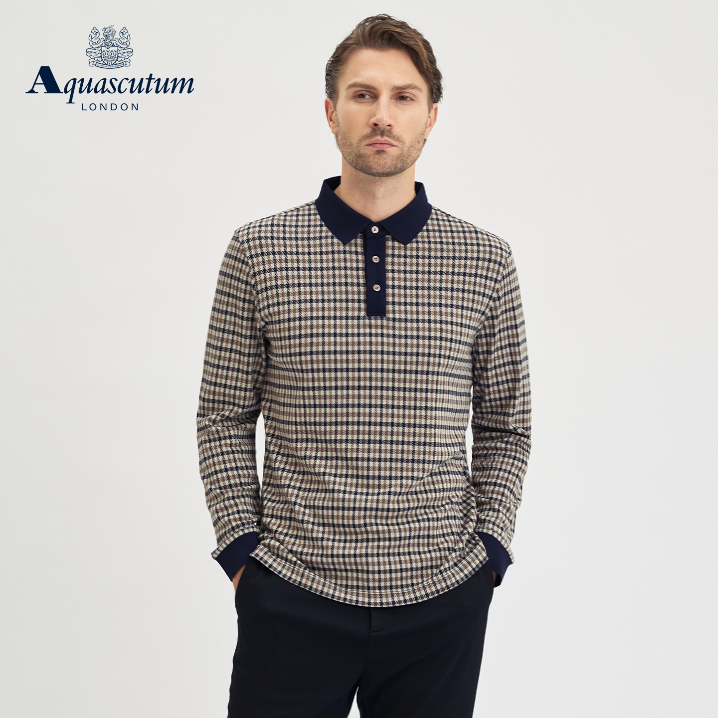 Aquascutum/雅格狮丹秋冬新品男士商务翻领T恤格纹长袖POLO衫通勤