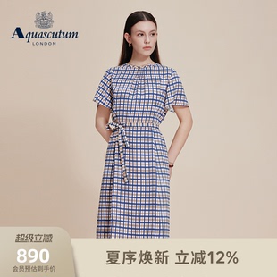 Aquascutum/雅格狮丹2026春夏女时尚优雅经典格纹系带收腰连衣裙