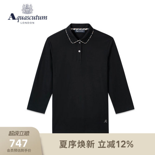 Aquascutum/雅格狮丹春夏新款女士翻领格纹长袖POLO恤Q49H8EL021