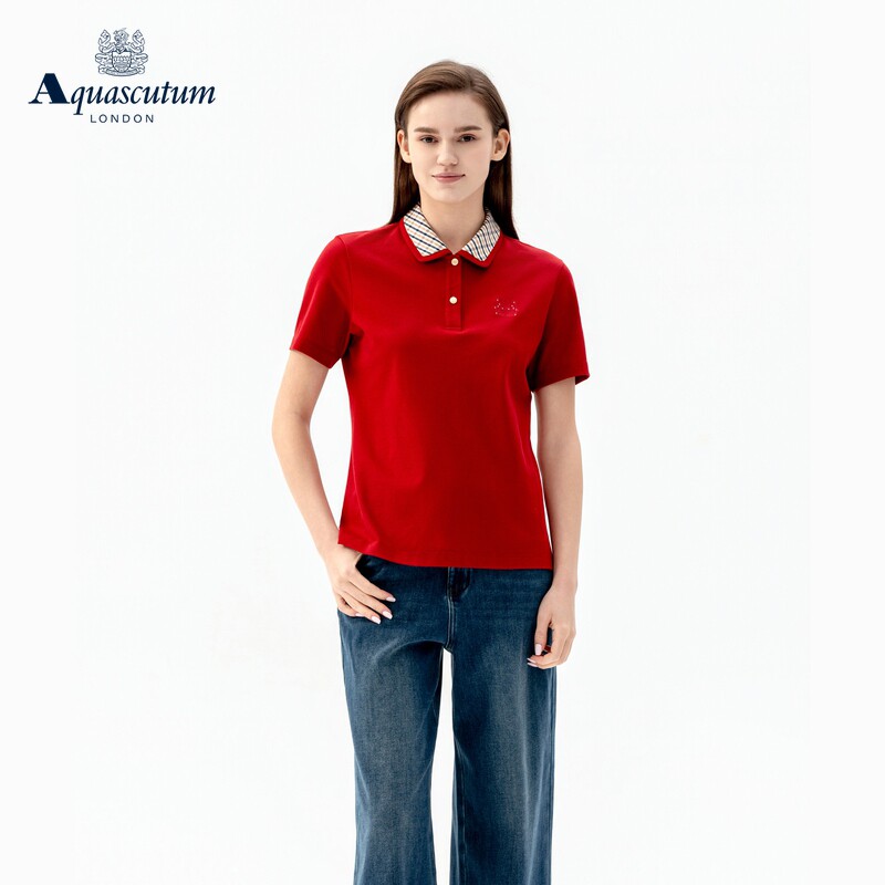 Aquascutum/雅格狮丹2026春夏新品女士纯棉水盾绣花格纹翻领Polo