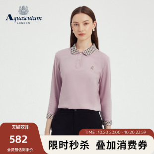 Aquascutum/雅格狮丹秋冬新品女纯棉格纹圆领长袖商务POLO衫气质