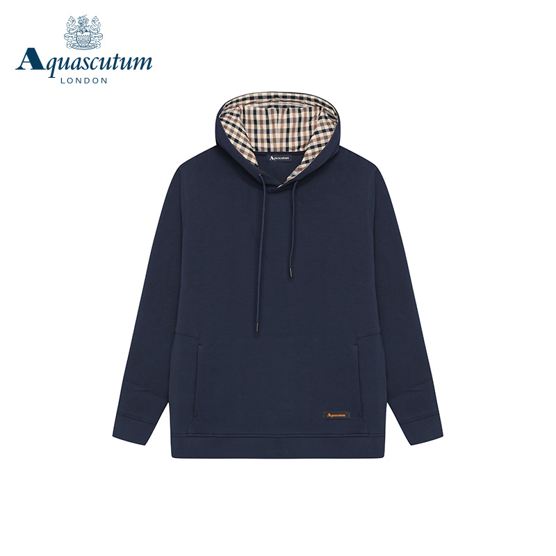 Aquascutum/雅格狮丹秋冬新品男中蓝棉质连帽卫衣外套Q4668E