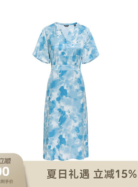 Aquascutum/雅格狮丹夏季女士短袖连衣裙收腰印花裙子Q4773EL011