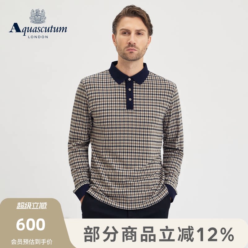 Aquascutum/雅格狮丹秋冬新品男士商务翻领T恤格纹长袖POLO衫通勤