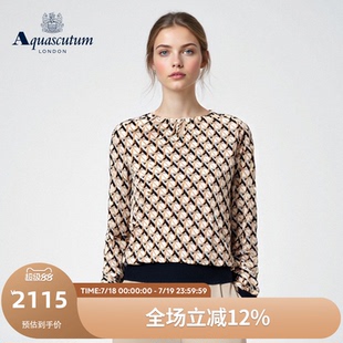 印花格紋圓領長袖 Aquascutum 雅格獅丹2025春夏新品 女時尚 T恤 襯衫