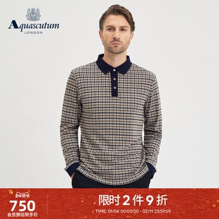 Aquascutum/雅格狮丹秋冬新品男士商务翻领T恤格纹长袖POLO衫通勤