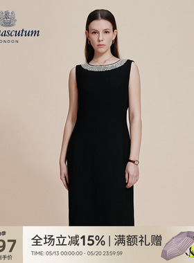 Aquascutum/雅格狮丹春夏新品女收腰无袖连衣裙优雅黑色礼服气质