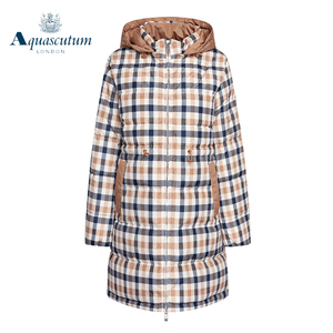 Aquascutum/雅格狮丹女式格子连帽长款保暖羽绒服外套Q46N1EL011