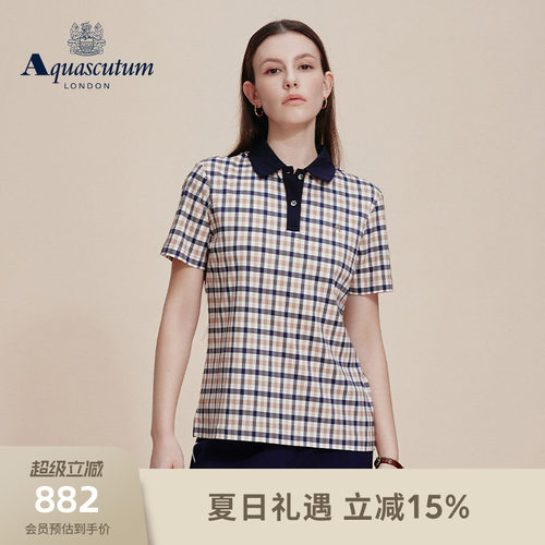 【100%棉】女格纹休闲短袖POLO衫