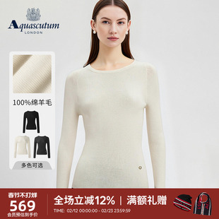 Aquascutum/雅格狮丹秋冬新品女士修身内搭绵羊毛圆领针织衫气质