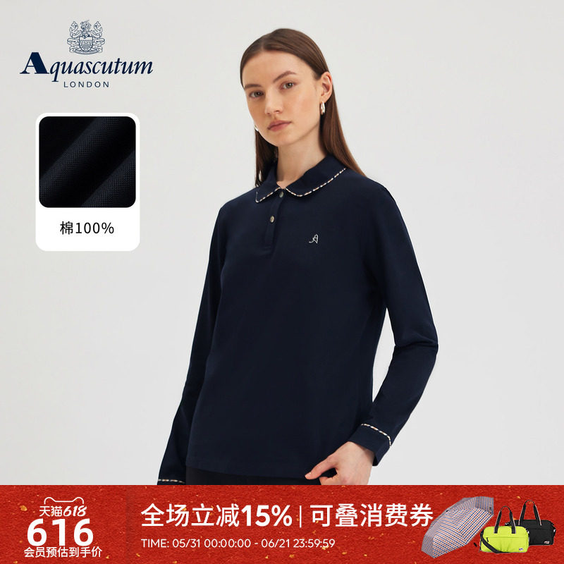 Aquascutum/雅格狮丹秋冬新品女简约纯棉格纹领商务长袖POLO气质
