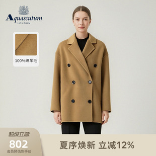 Aquascutum/雅格狮丹冬季新品女士时尚绵羊毛双排扣大衣外套气质
