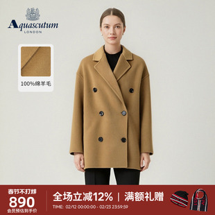 Aquascutum/雅格狮丹冬季新品女士时尚绵羊毛双排扣大衣外套气质