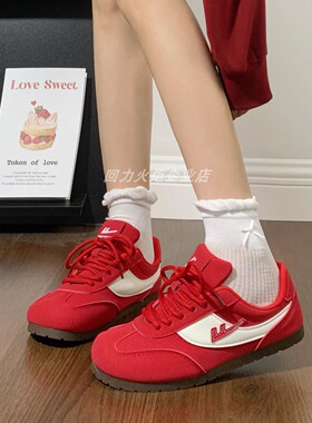 回力超火红色德训鞋女2025新款百搭学生小众设计感鞋子休闲运动鞋