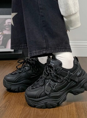 回力黑色老爹鞋女款2025夏季新款厚底增高鞋子百搭学生休闲运动鞋