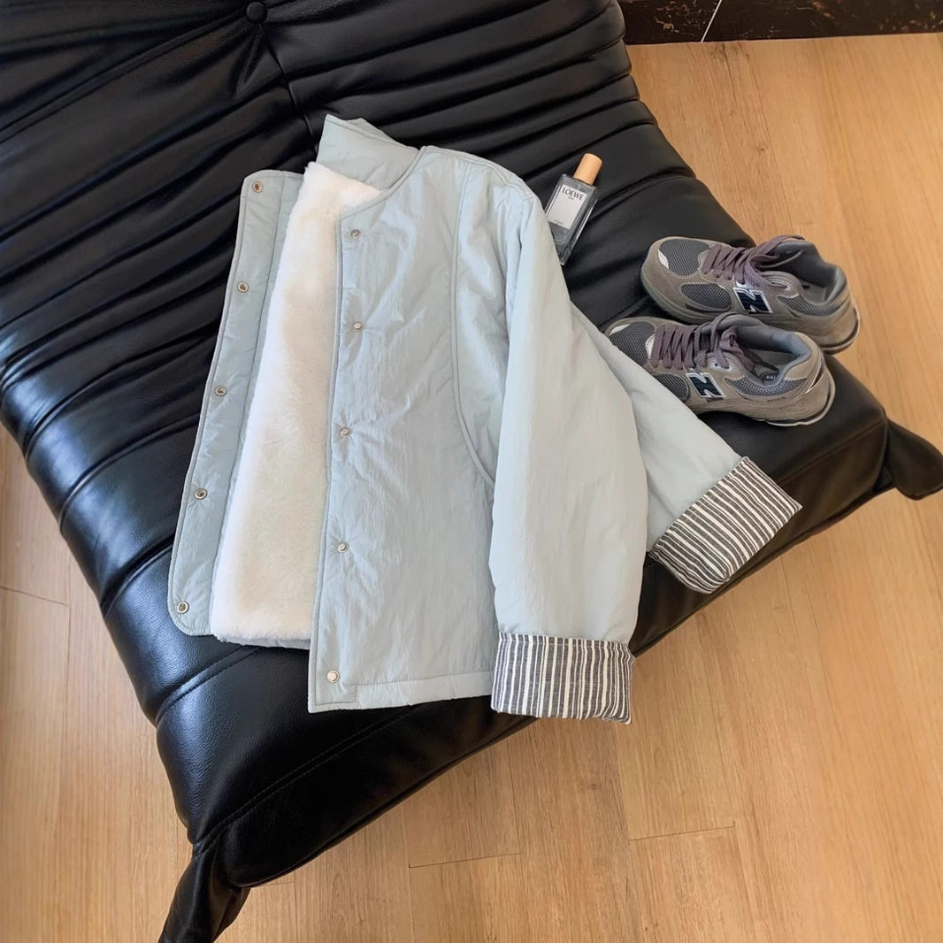 韩系奶蓝色加绒棉服棉衣夹棉外套女洋气轻薄小棉袄小个子保暖短款