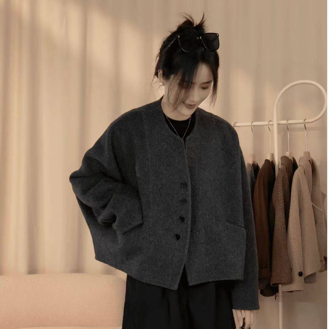 圆领毛呢深灰韩版短款显瘦外套女