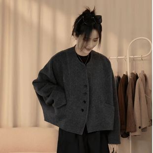 圆领毛呢深灰色外套女春秋新款韩版宽松休闲显瘦开衫短款大衣女