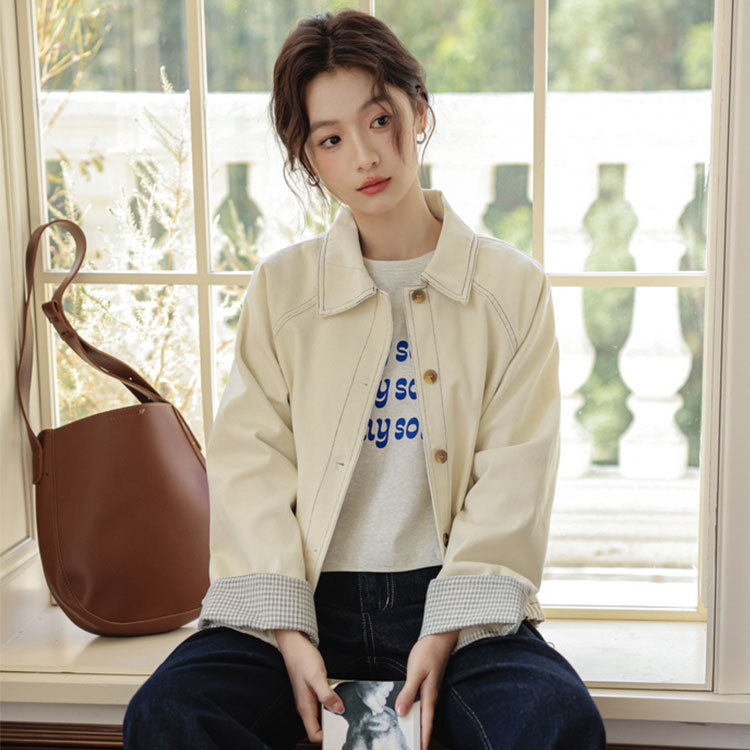 实拍2025春季新款韩版设计感抽绳白色牛仔外套女长袖百搭夹克衫