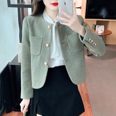 2025春秋绿色小香风短外套名媛风