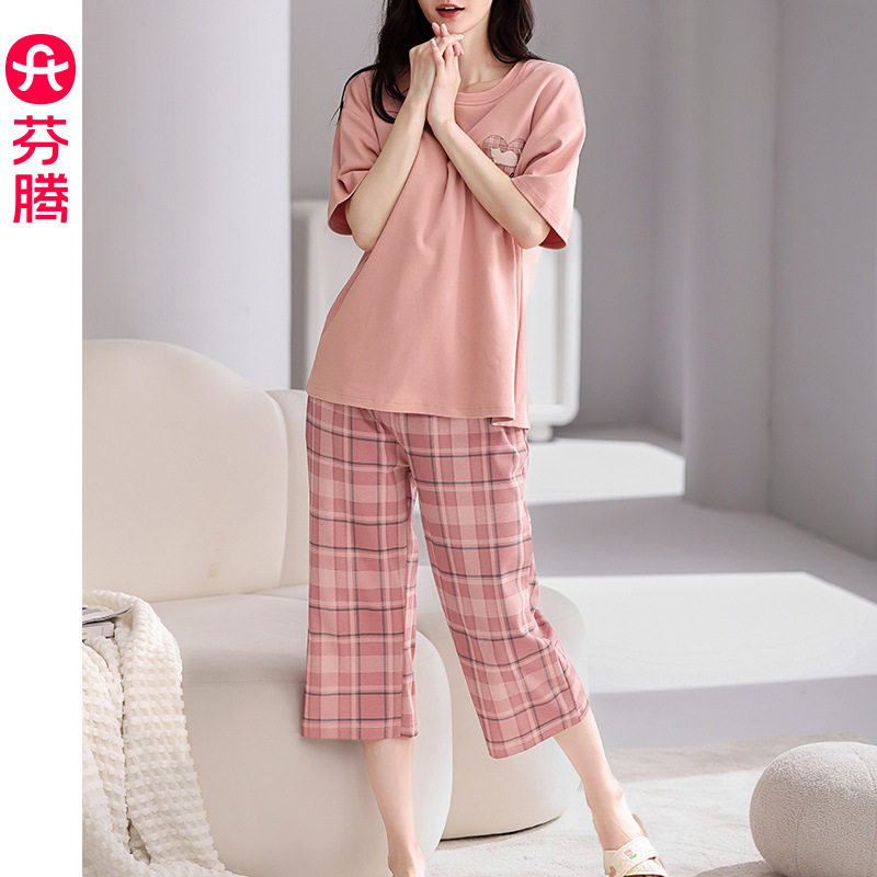 芬腾【全棉软感】睡衣女短袖夏季薄款透气套装宽松休闲大码家居服