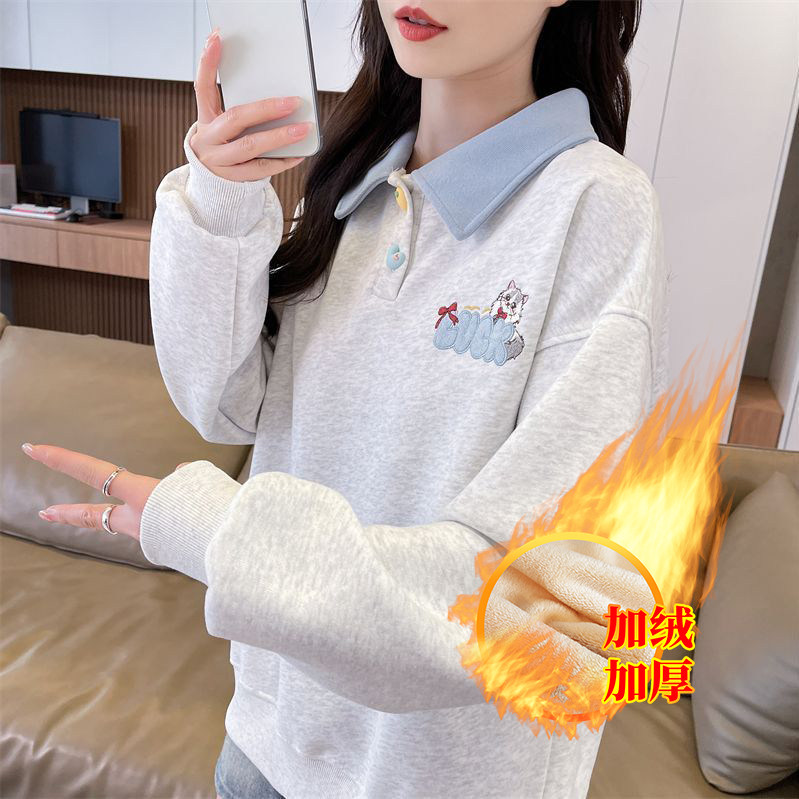 实拍加绒加厚秋冬新款卫衣女polo领时尚可爱减龄百搭上衣
