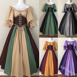系带收腰一字肩礼服连衣裙女万圣节 欧美中世纪复古撞色拼接飞袖