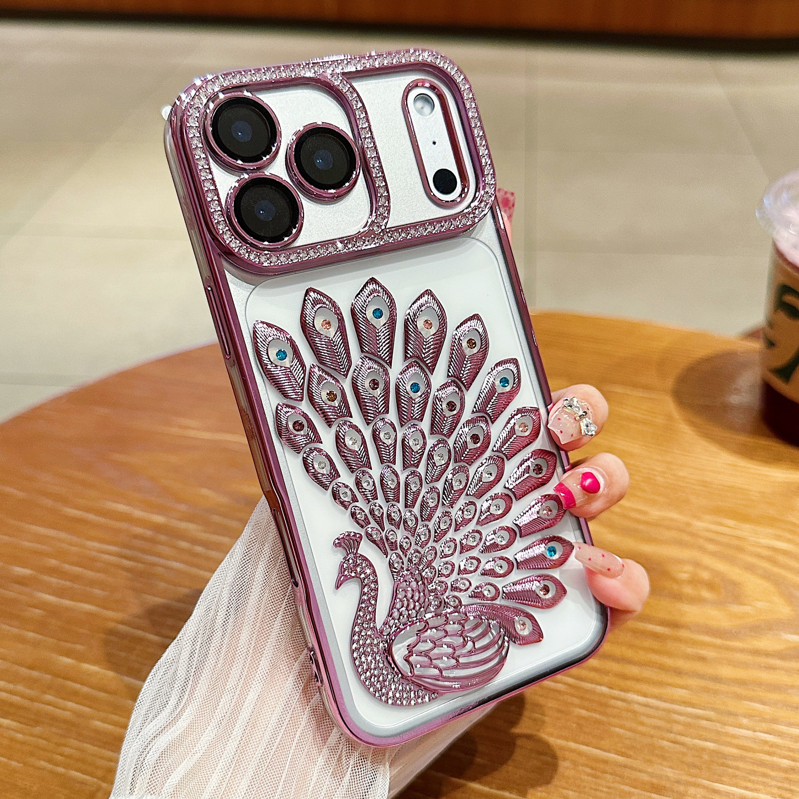 高透彩钻孔雀适用苹果18promax手机壳iphone16高级15/14带镜头膜plus硅胶13闪粉13promax全包防摔14女软透明