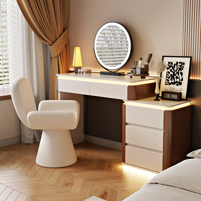 烤漆2026新款实木加厚梳妆台现代简约奶油风化妆桌收纳柜一体带灯