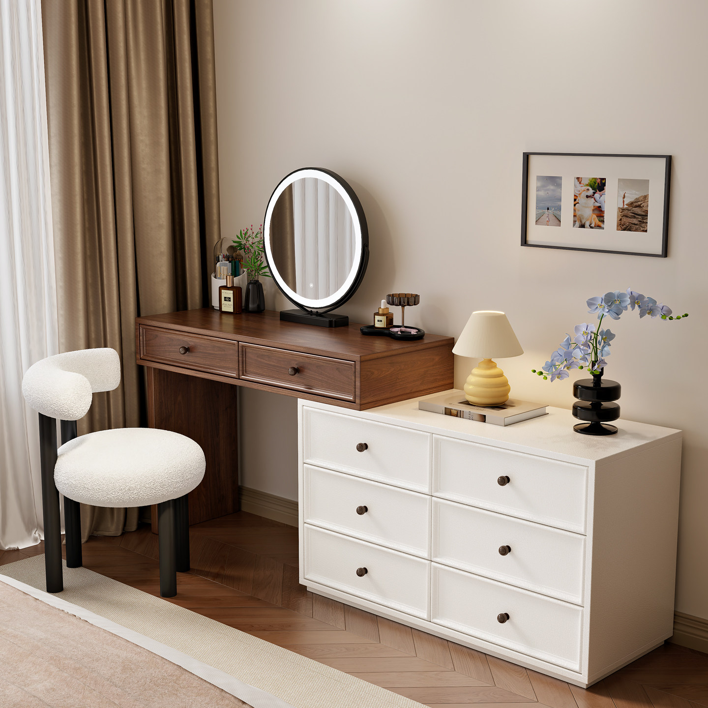 新款中古奶油风梳妆台卧室现代简约实木加厚斗柜收纳柜一体化妆桌