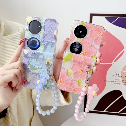 粉色蓝色油画花新款适用华为Pocket2手机壳P50PocketS女 P50宝盒三星ZFlip3/4/5韩网红FindN3Flip/N2保护套