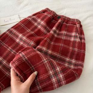 儿童裤子2025冬新款男童格子加厚加绒休闲裤女童洋气红色毛呢裤潮