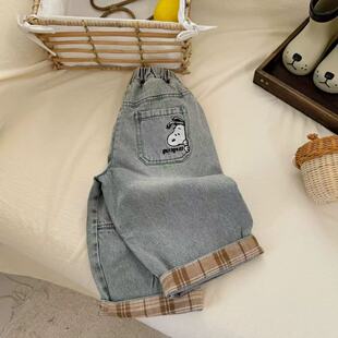 小童休闲宝宝卡通长裤 新款 女洋气批 男做旧2025春秋季 儿童软牛仔裤