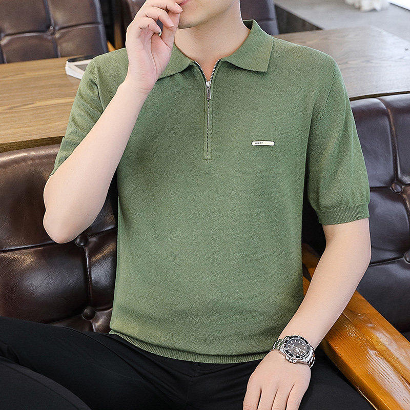 SUMMER THIN T-SHIRT MENS HALF-SLEEVED LAPEL ZIPPER  FASHION TREND POLO SHIRT MENS COOL TOP