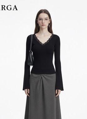 GARGA黑色蕾丝v领长袖T恤女修身显瘦打底衫辣妹性感喇叭袖上衣春