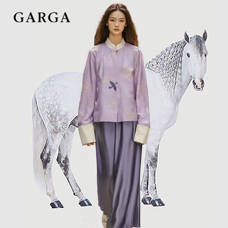 新中式国风紫色提花短外套套装