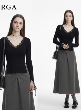 GARGA黑色性感紧身短款长袖T恤女v领蕾丝花边内搭打底针织衫上衣