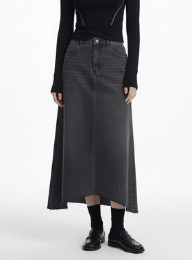 GARGA灰色牛仔半身裙女中长款高腰A字裙绝美巨好看的通勤复古裙子