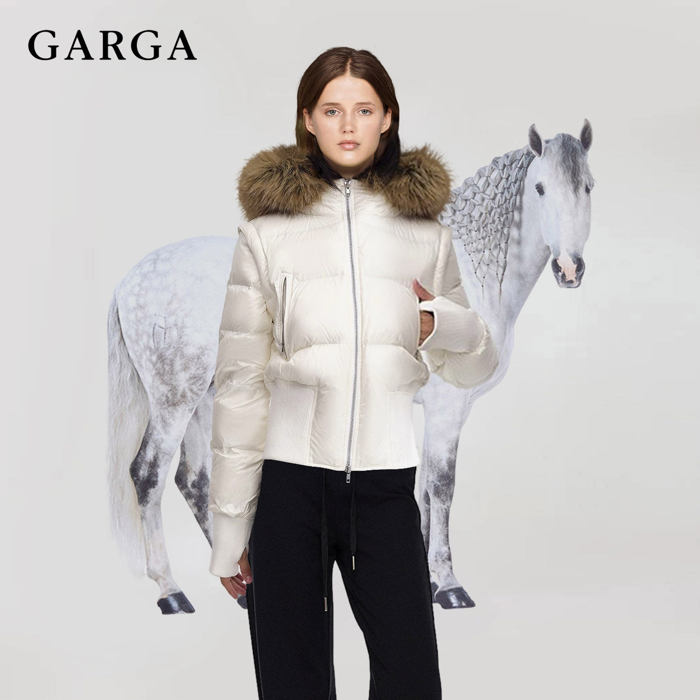 白色短款修身可拆卸袖子羽绒服女