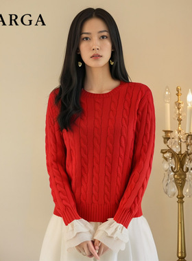 GARGA红色羊毛毛衣女2025新款拼接袖口麻花软糯保暖针织衫上衣秋
