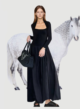 黑色长袖方领假两件挂脖连衣裙女高级感气质收腰长款针织拼接长裙