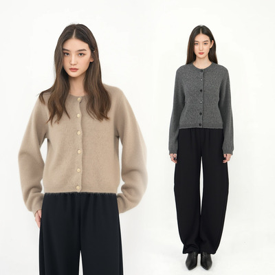 灰色羊毛绒长毛软糯针织开衫外套