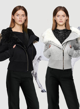 赵露思同款黑色连帽毛领斜襟毛绒内胆短款棉服外套女秋冬加绒卫衣