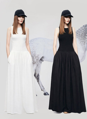 易梦玲同款白色法式赫本风无袖背心连衣裙女收腰修身气质度假长裙
